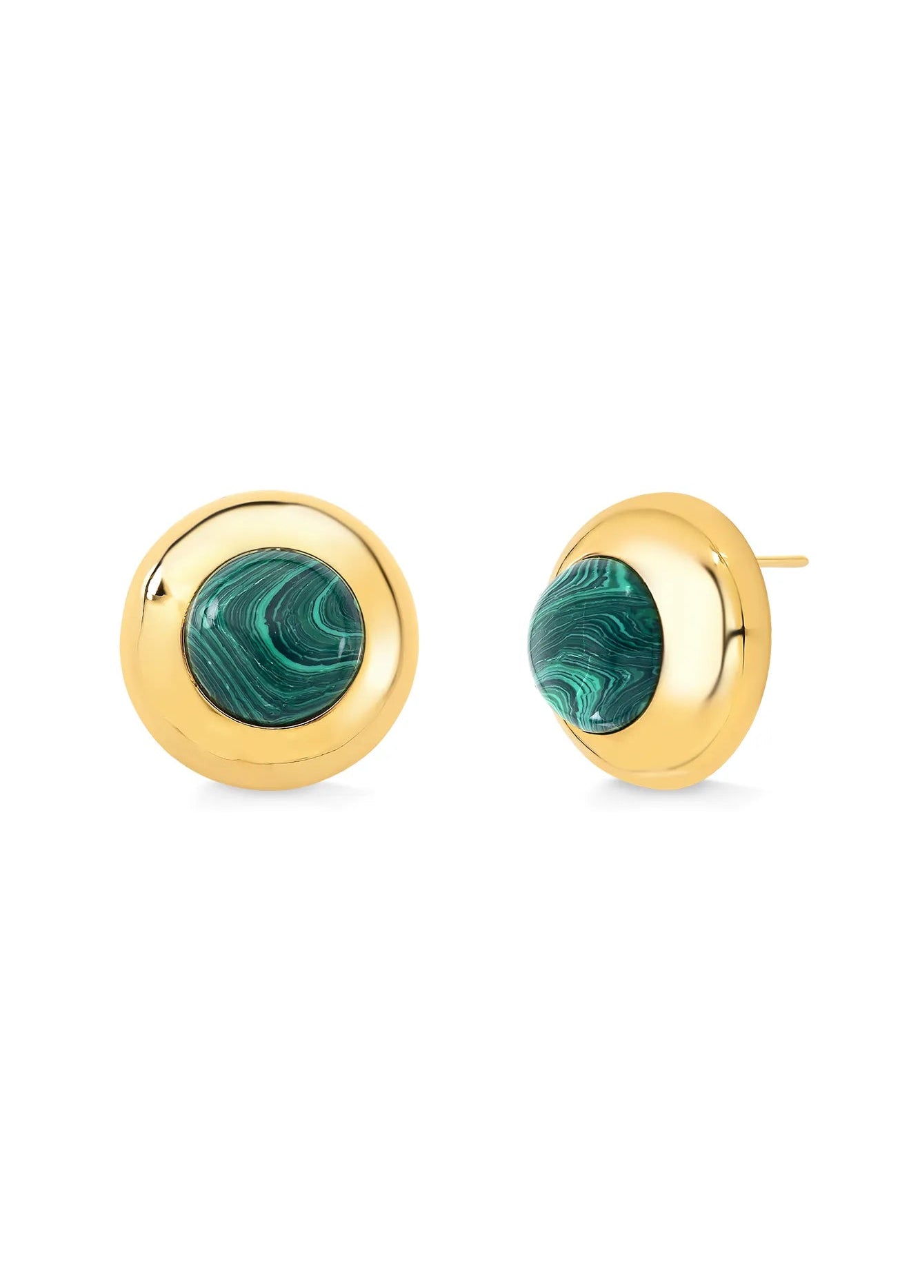 Gold earrings with green marbled stones on a white background