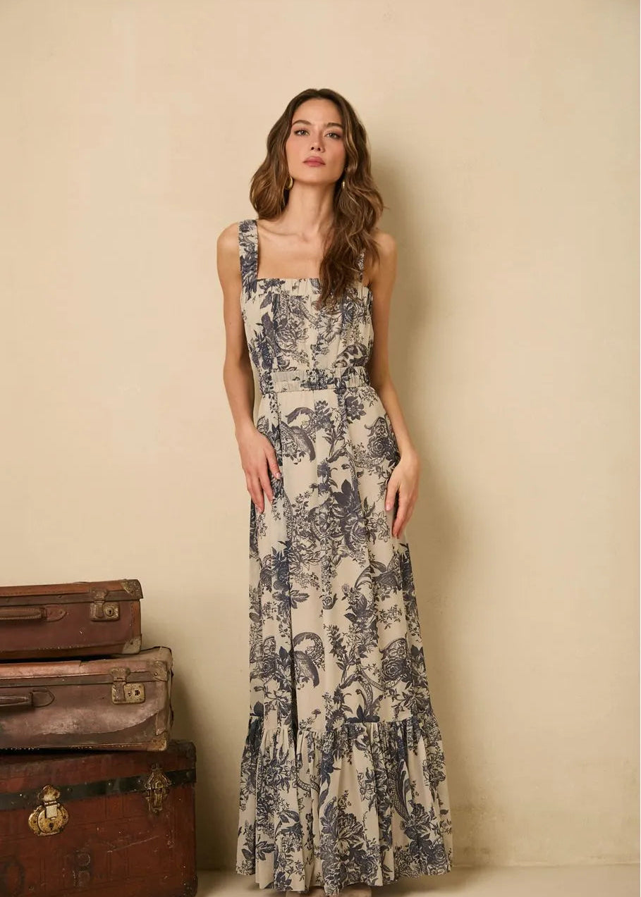 Navy blue and off white floral dress