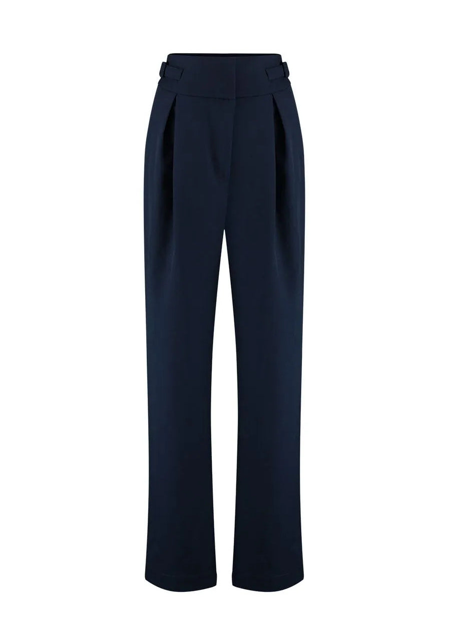 Navy blue tailored pants with relaxed silhouette