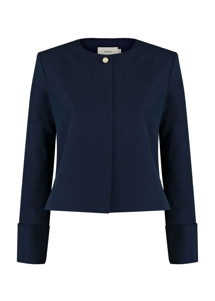 Navy blue tailored cropped jacket with frontal button in mother of pearl