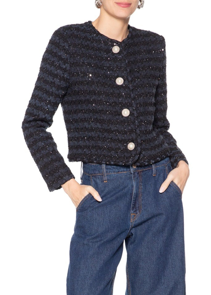 blue and black tweed jacket with buttons