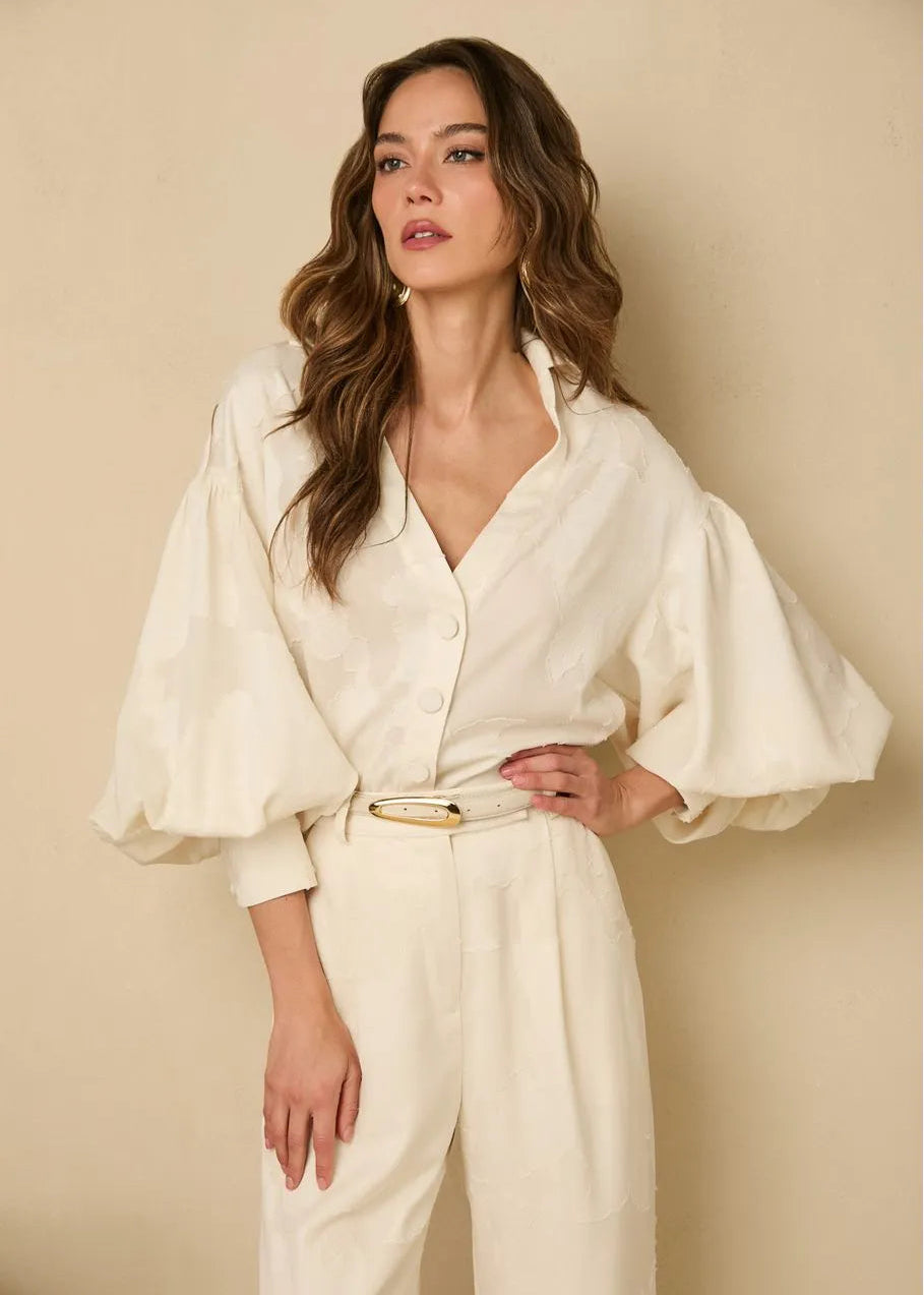Off White Blouse with floral details and frontal buttons