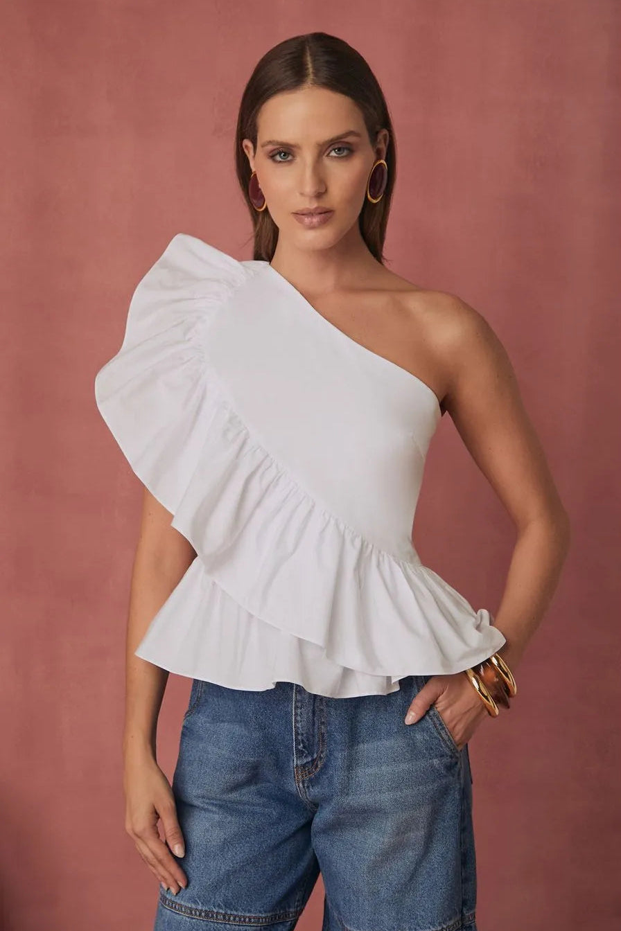 One Shoulder White Blouse