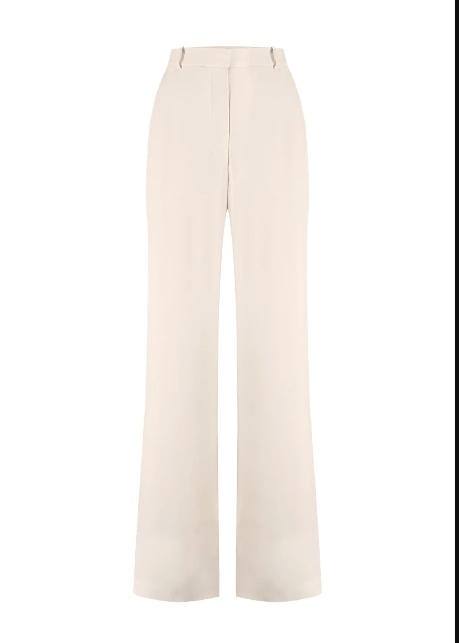 A pair of high-waisted, wide-leg trousers in a light cream or off-white color, shown flat against a plain white background.