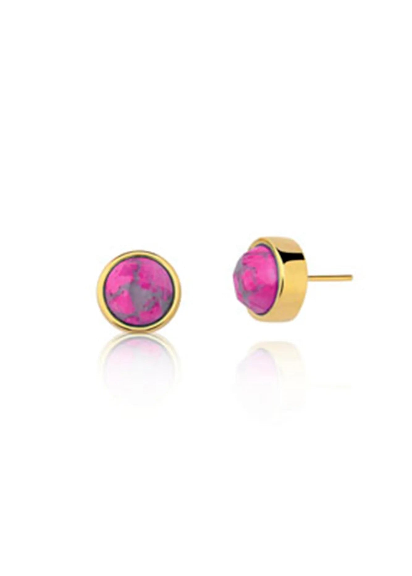 Gold earrings with pink gemstones on a white background