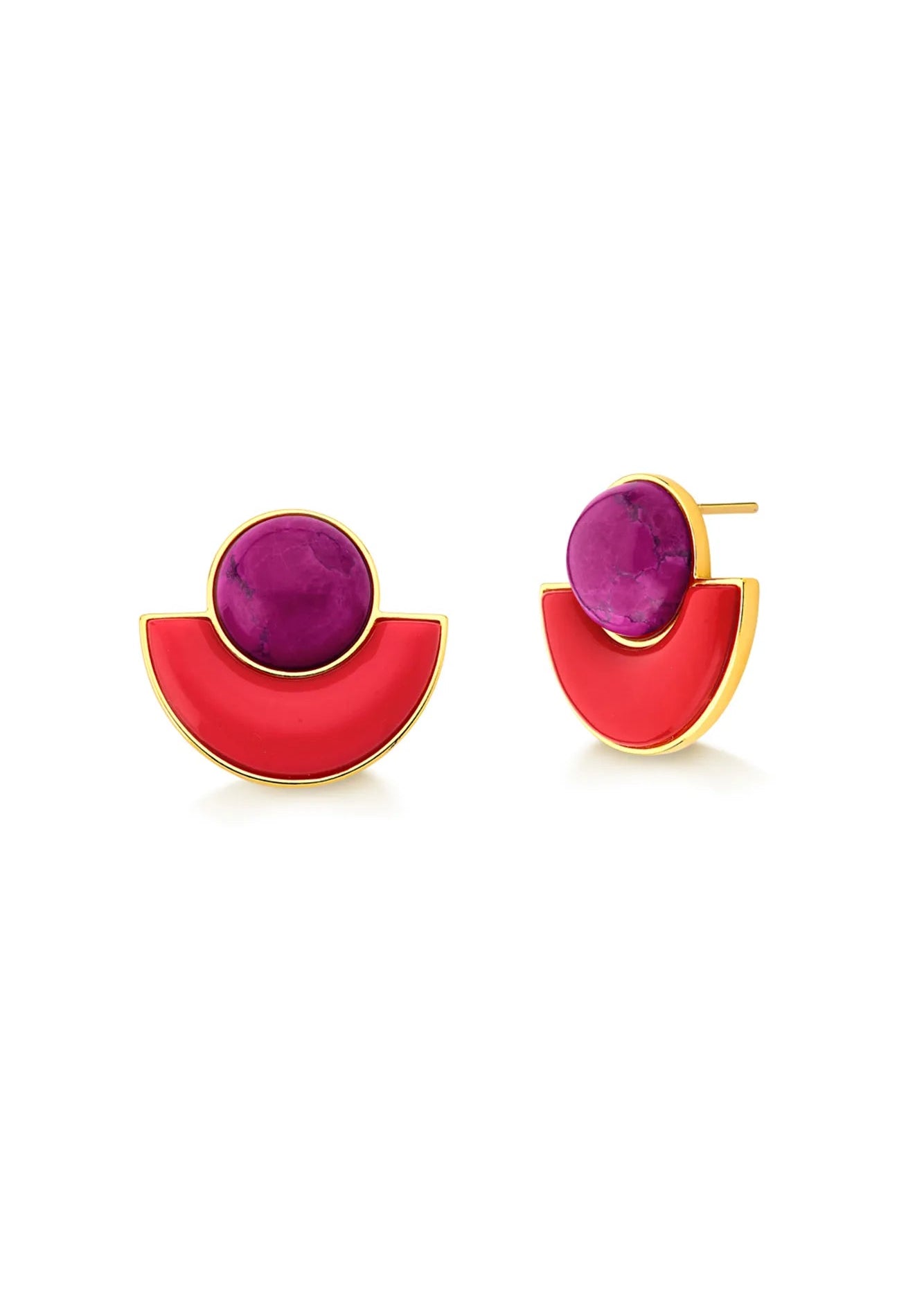 Pair of earrings with red and gold half-circle design on a white background