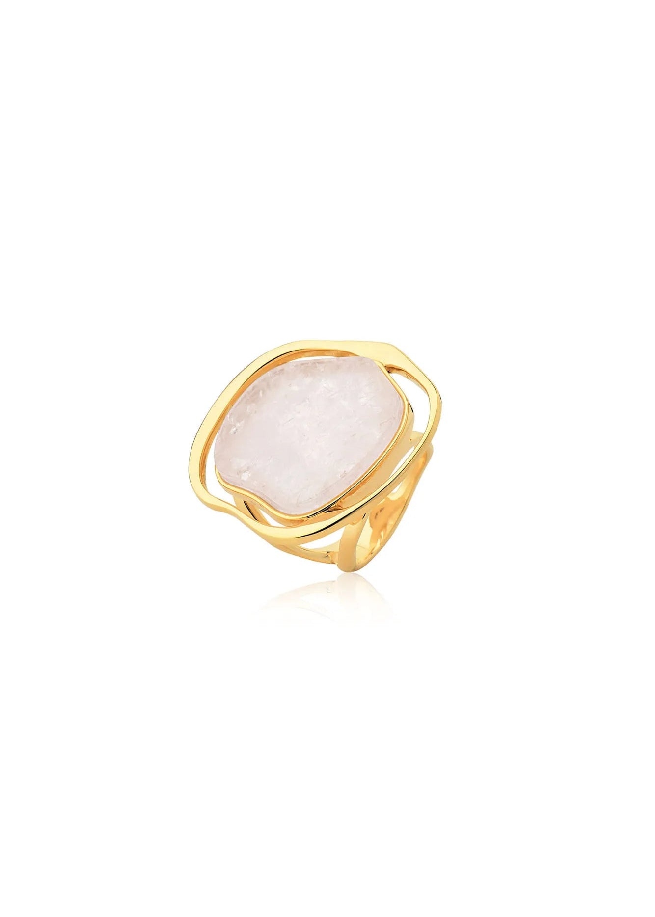 Gold ring with a large pink stone on a white background