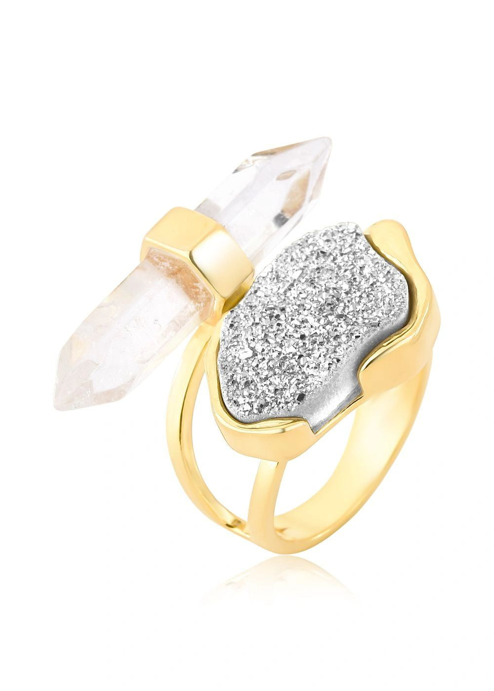 Platinum druzy and crystal golden plated ring