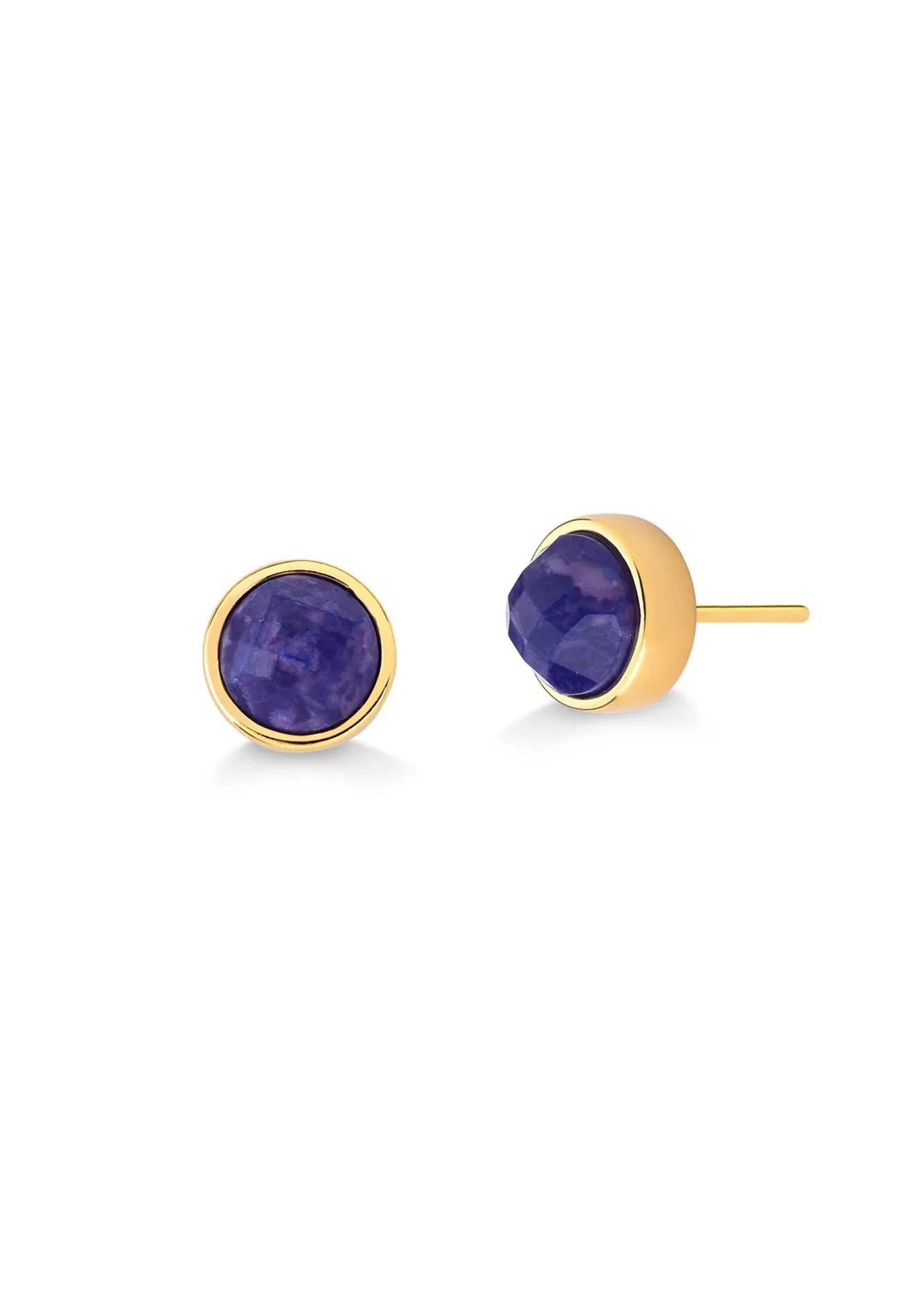 Gold stud earrings with purple gemstones on a white background