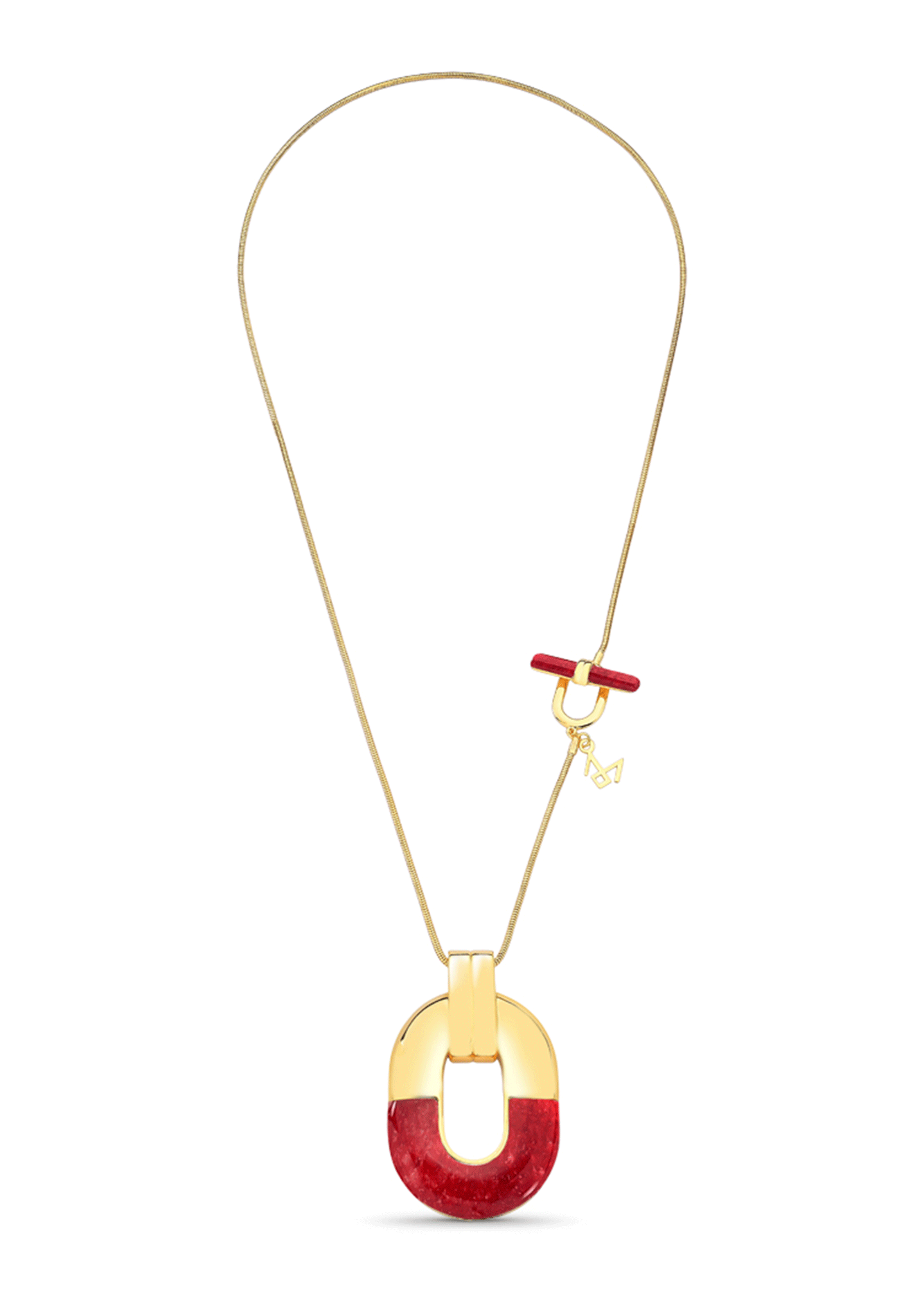 Necklace with a red and gold pendant on a white background