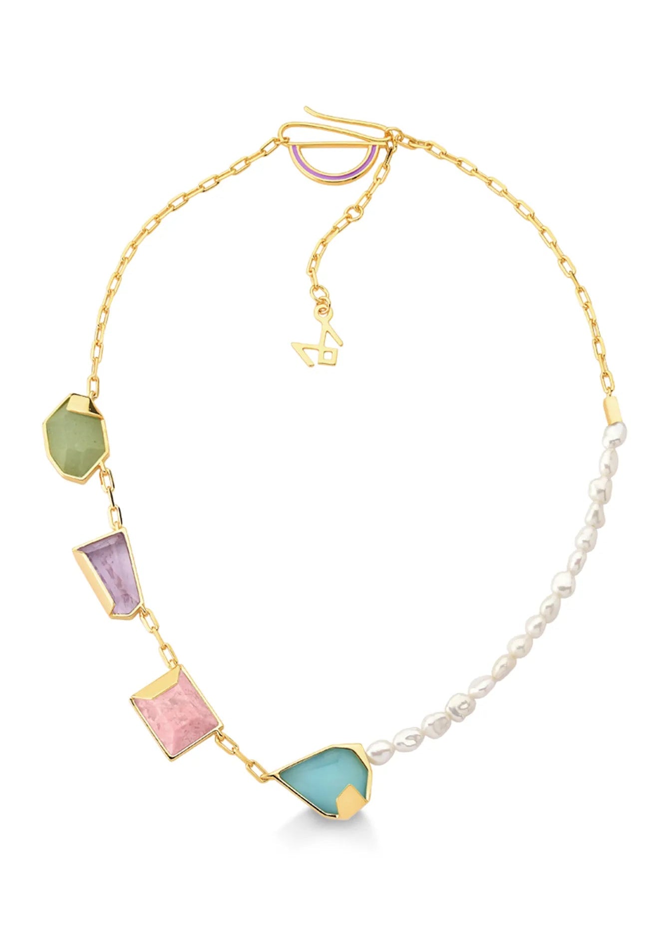 Necklace with colorful geometric pendants on a white background