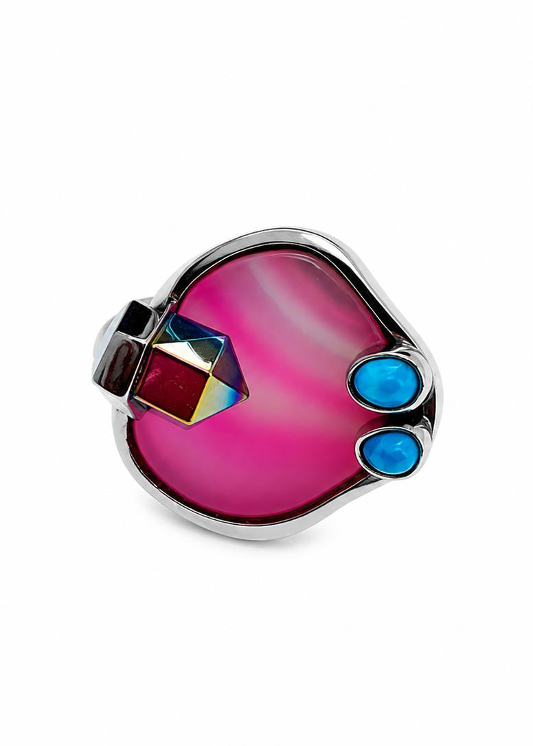 Ring with pink gemstones and blue accents on a white background