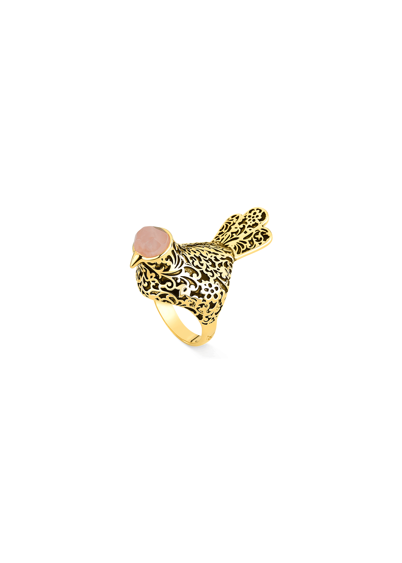 Gold ring with intricate design on a white background