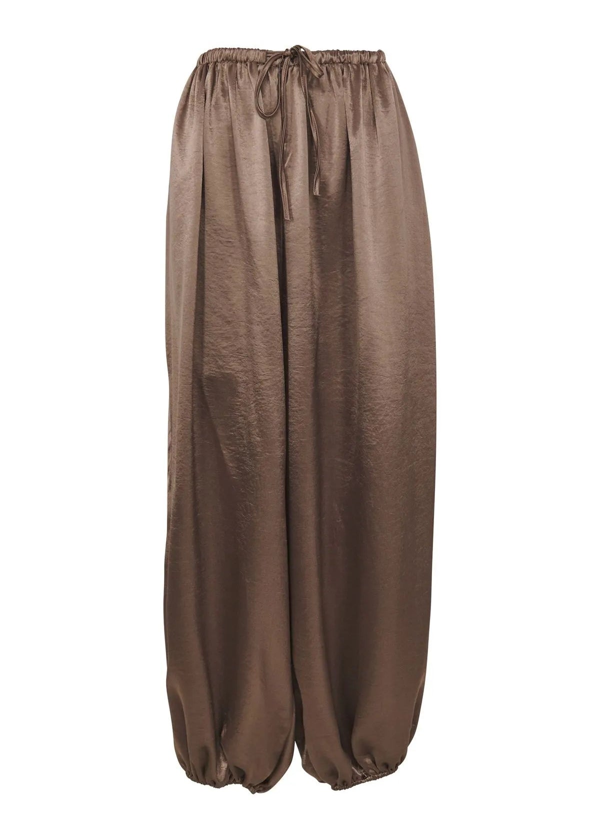 A pair of loose, wide-leg pants in a brown satin-like fabric with an elastic drawstring waist and gathered cuffs, shown against a plain white background.