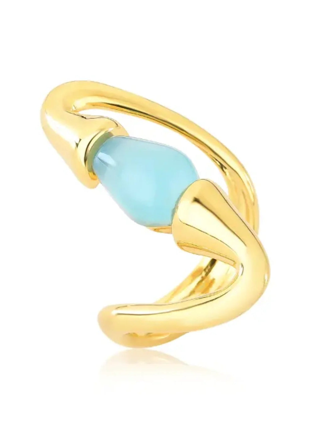 Gold ring with a light blue gemstone on a white background