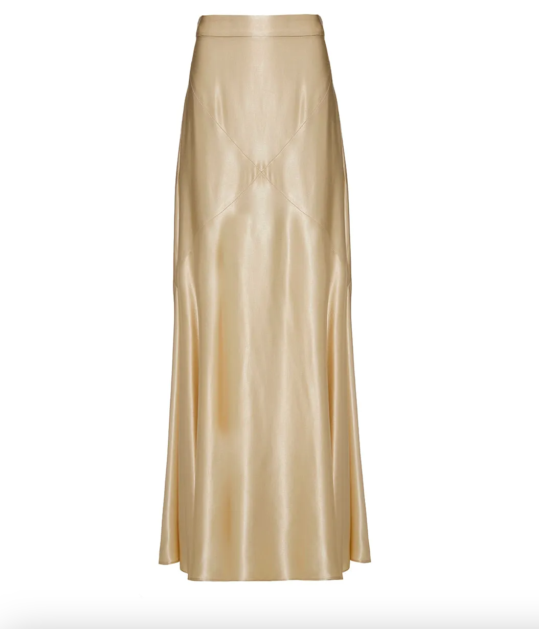 Gold satin skirt on a white background
