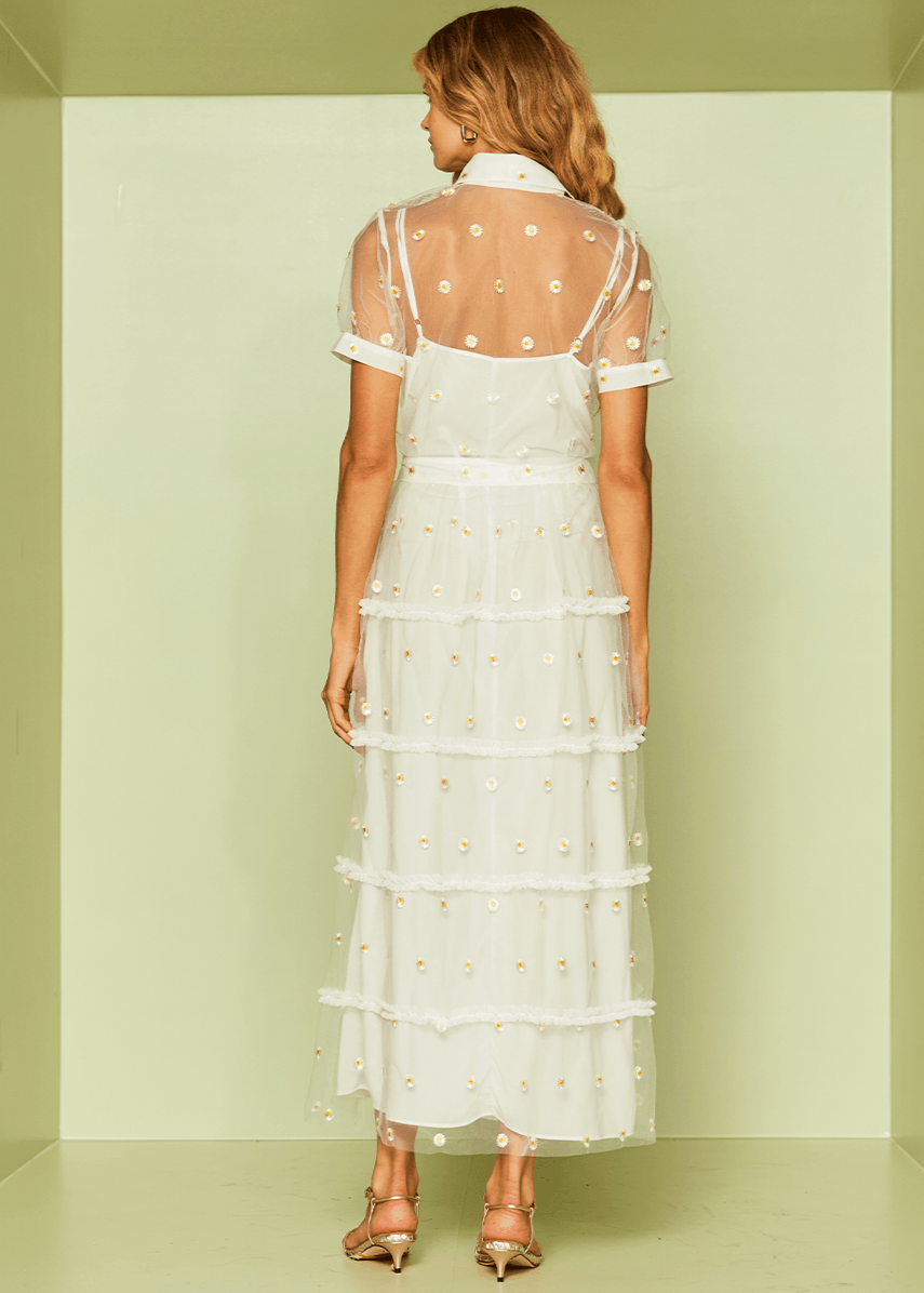Woman wearing a white, sheer dress with polka dots against a light green background