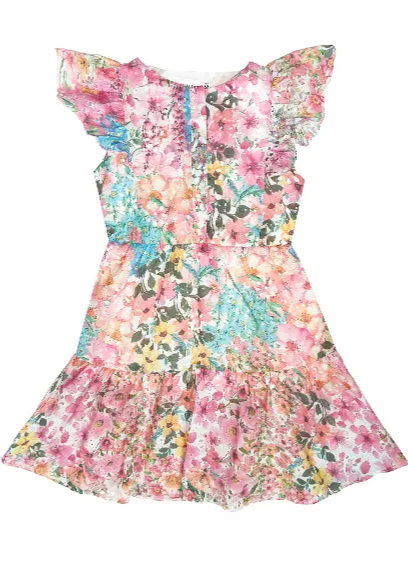 Floral dress with ruffled sleeves on a white background