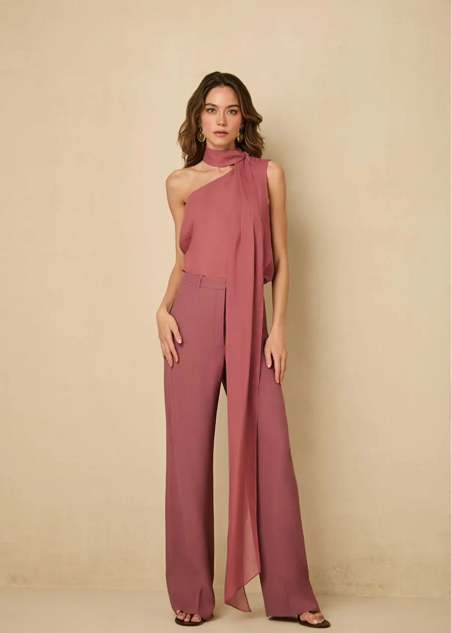 Tourmaline pink tie-neck blouse