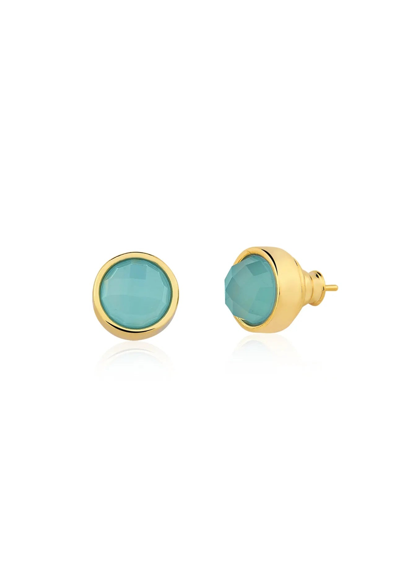 A pair of gold stud earrings with round turquoise-blue cabochon gemstones, shown on a clean white background.