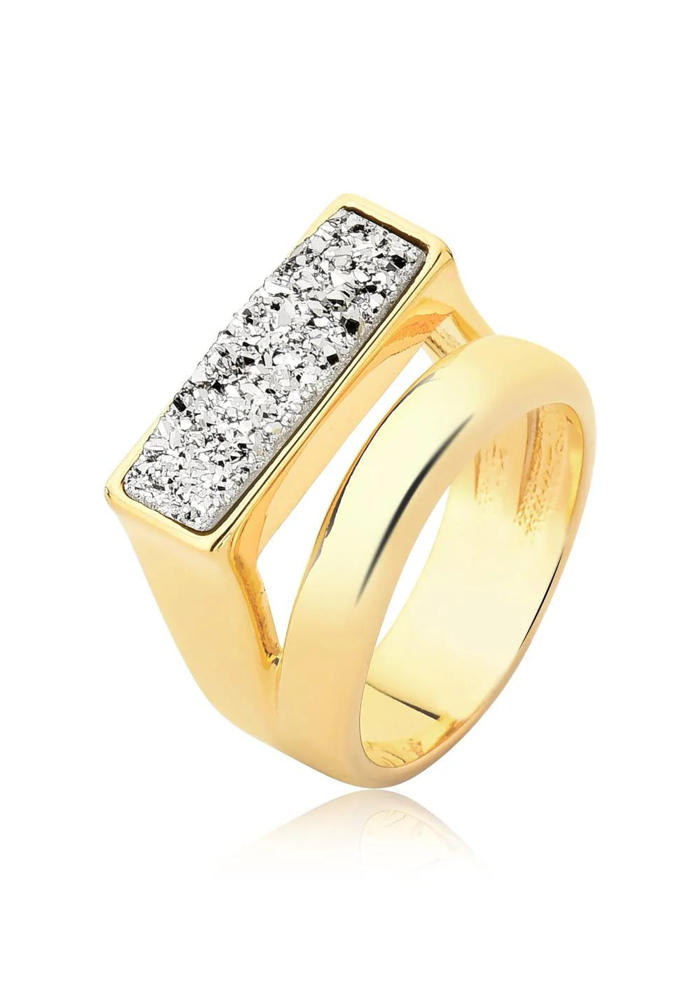 Gold ring with diamond accents on a white background