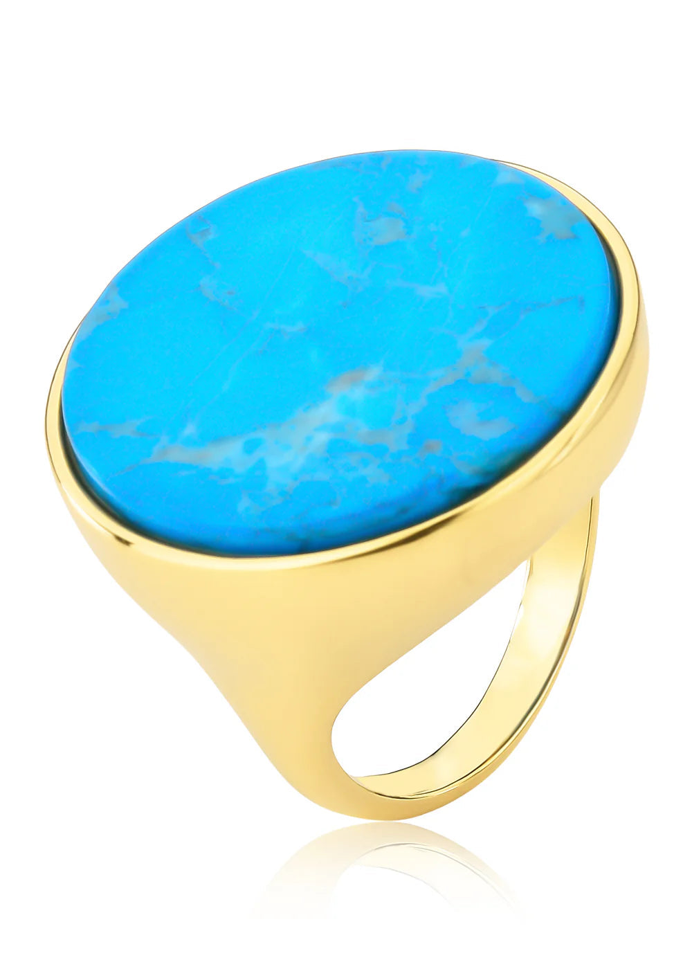 Gold ring with a blue stone on a white background