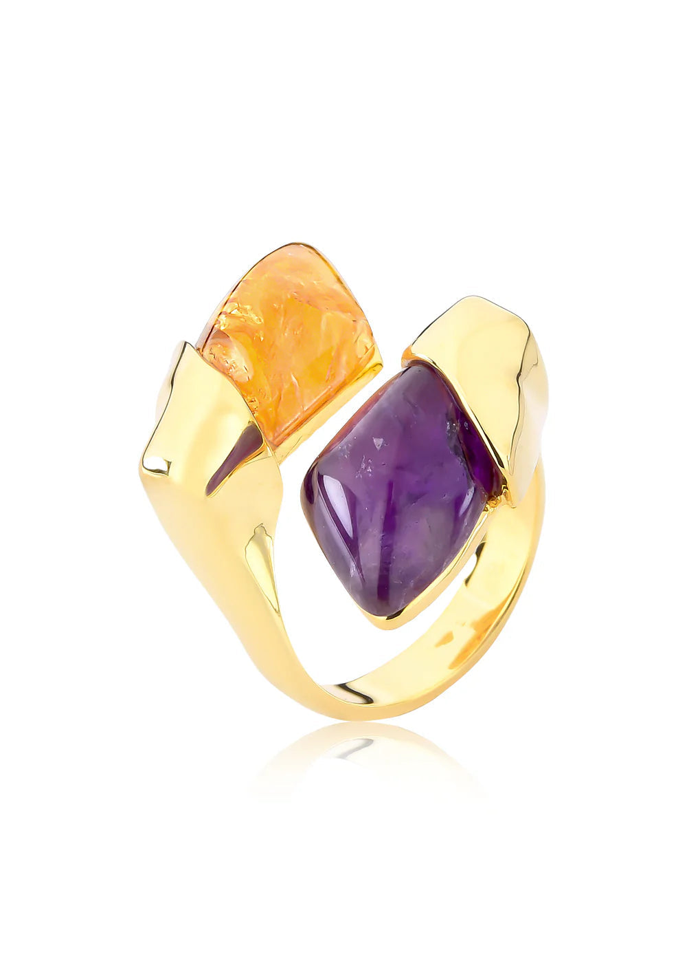 Gold ring with orange and purple gemstones on a white background