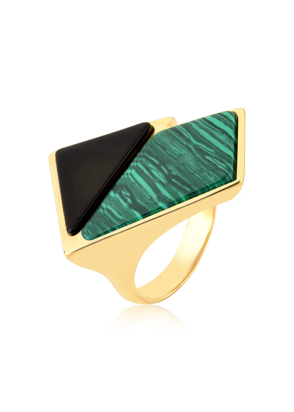 Gold ring with green and black stone on a white background