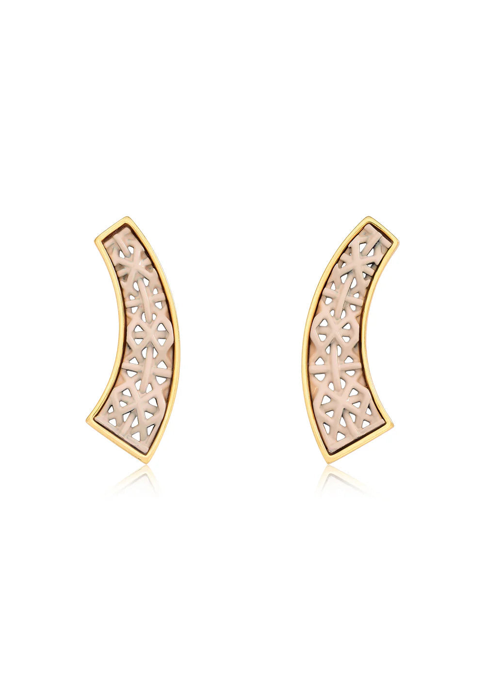 Gold earrings with intricate designs on a white background