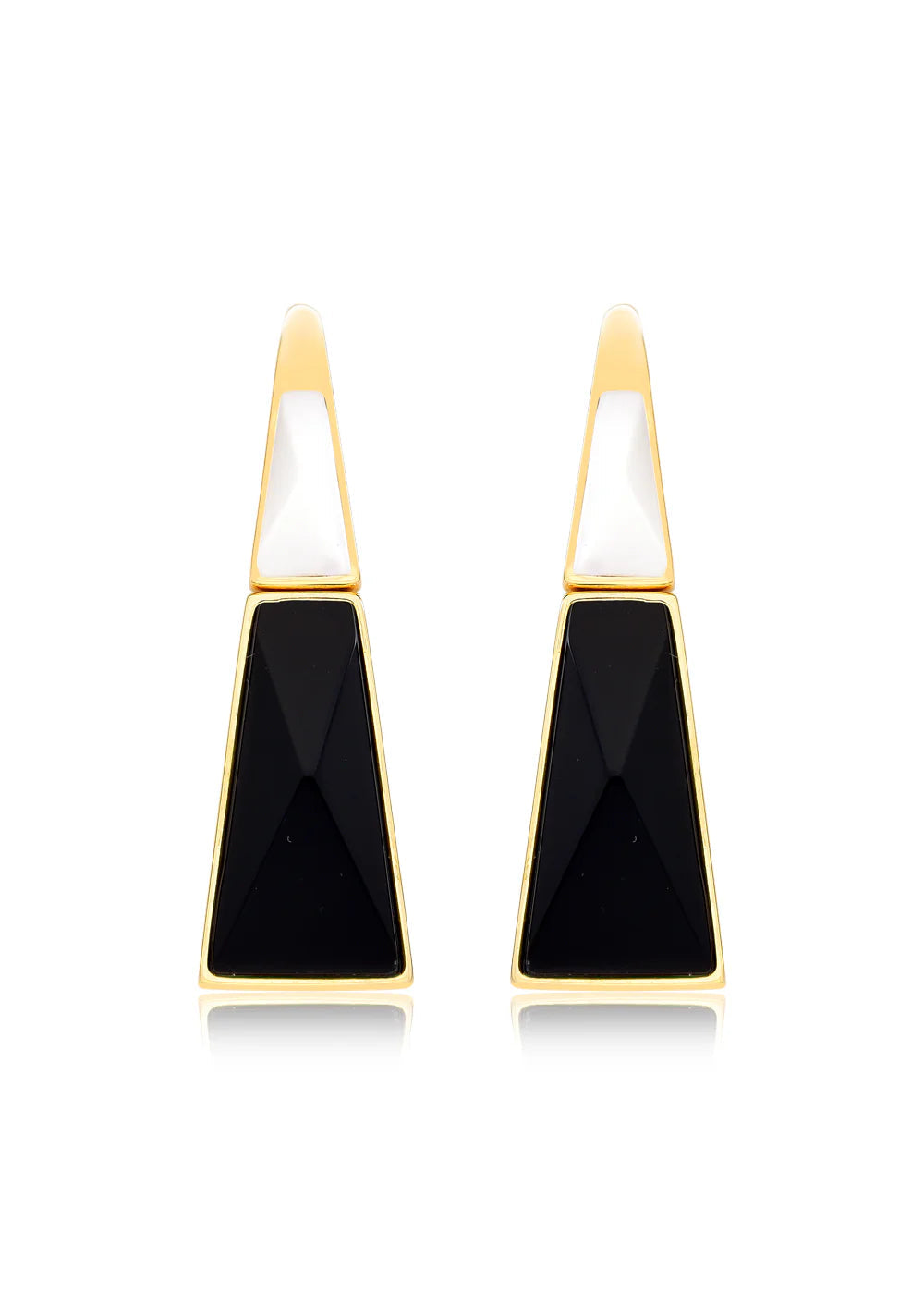 Pair of earrings with black stones and gold accents on a white background