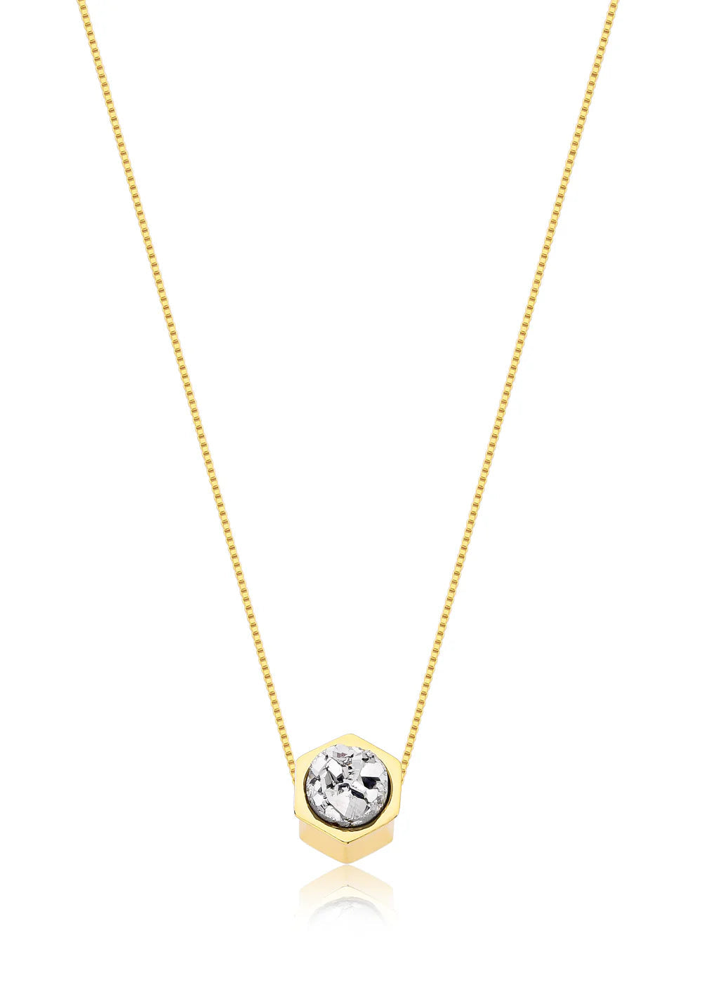 Gold necklace with a hexagonal pendant featuring a clear gemstone on a white background
