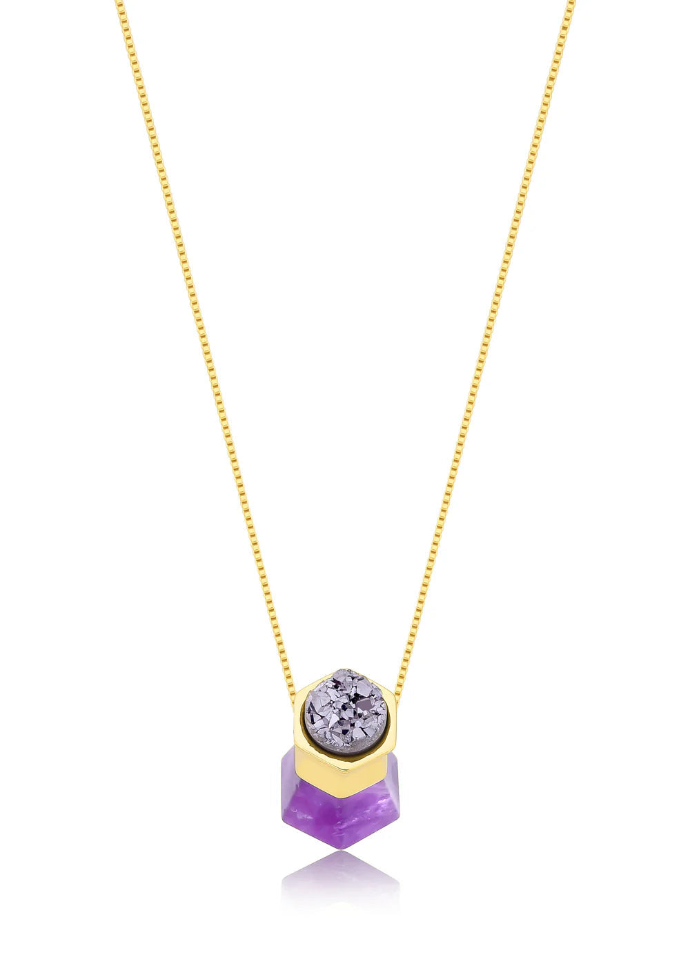 Necklace with a purple hexagonal pendant and gold accents on a white background