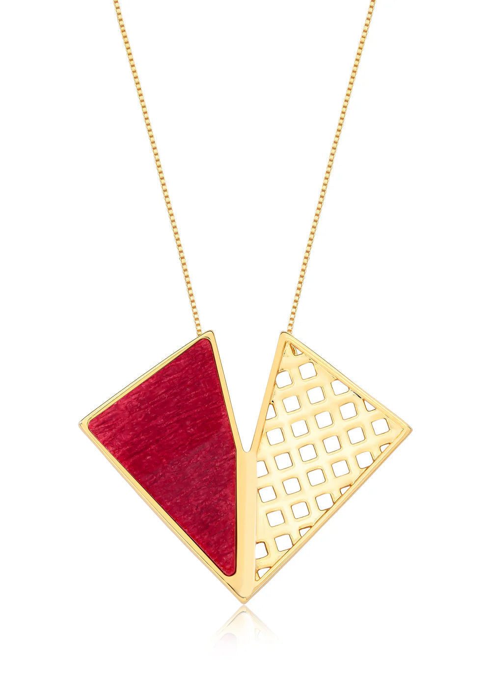 Necklace with geometric pendant featuring red and gold colors on a white background