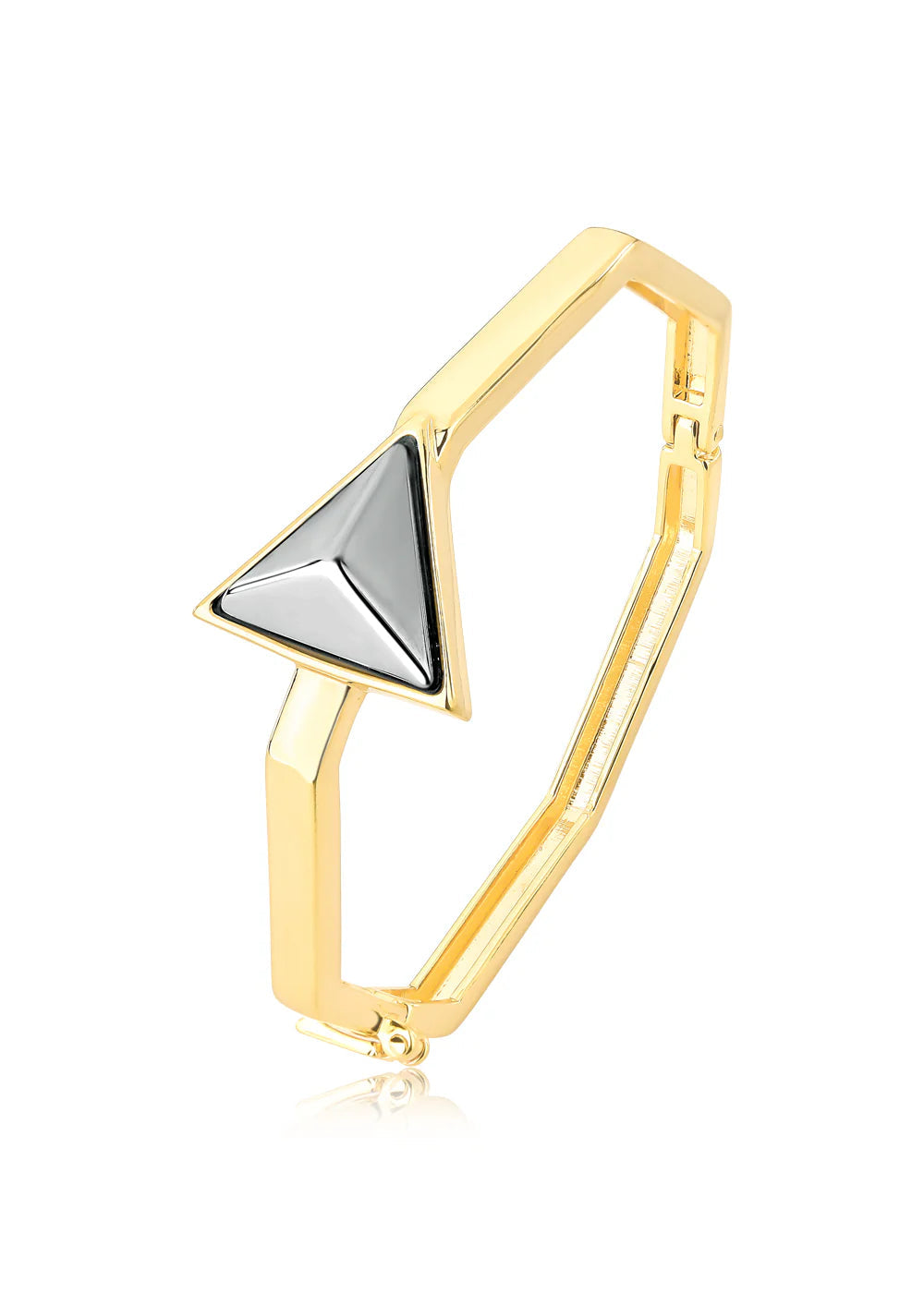 Gold bracelet with a triangular silver accent on a white background