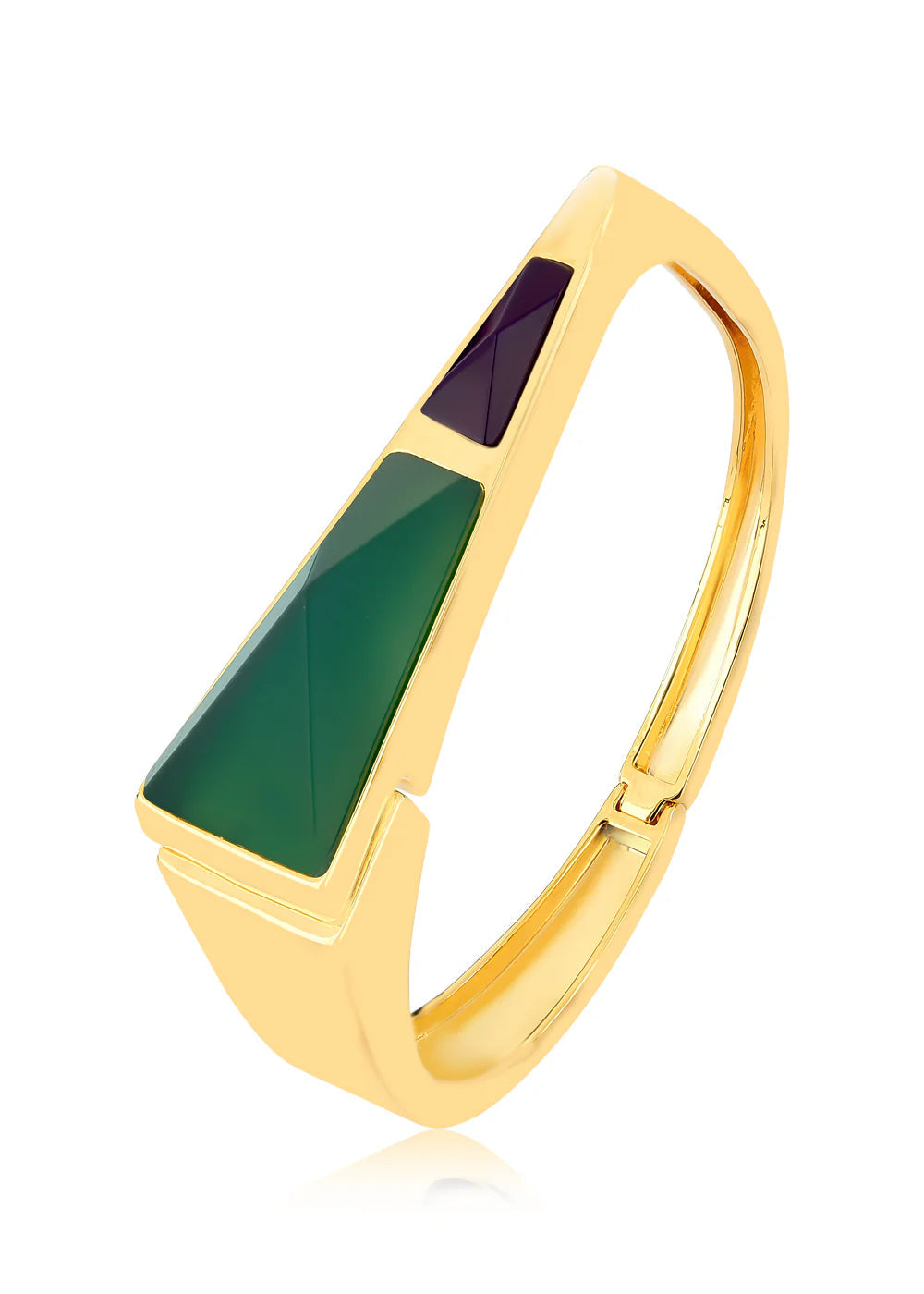 Gold bracelet with green and purple stones on a white background