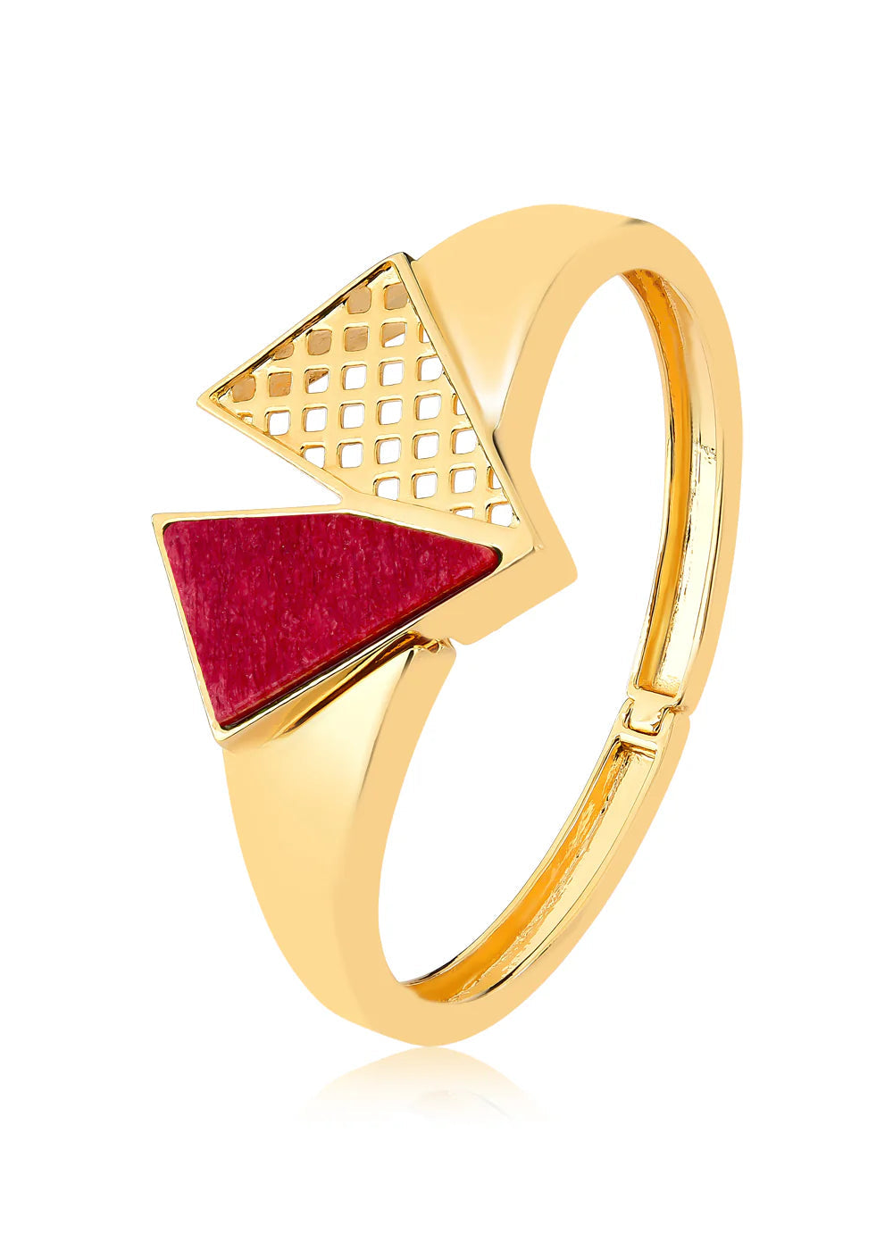 Gold ring with a red triangle design on a white background