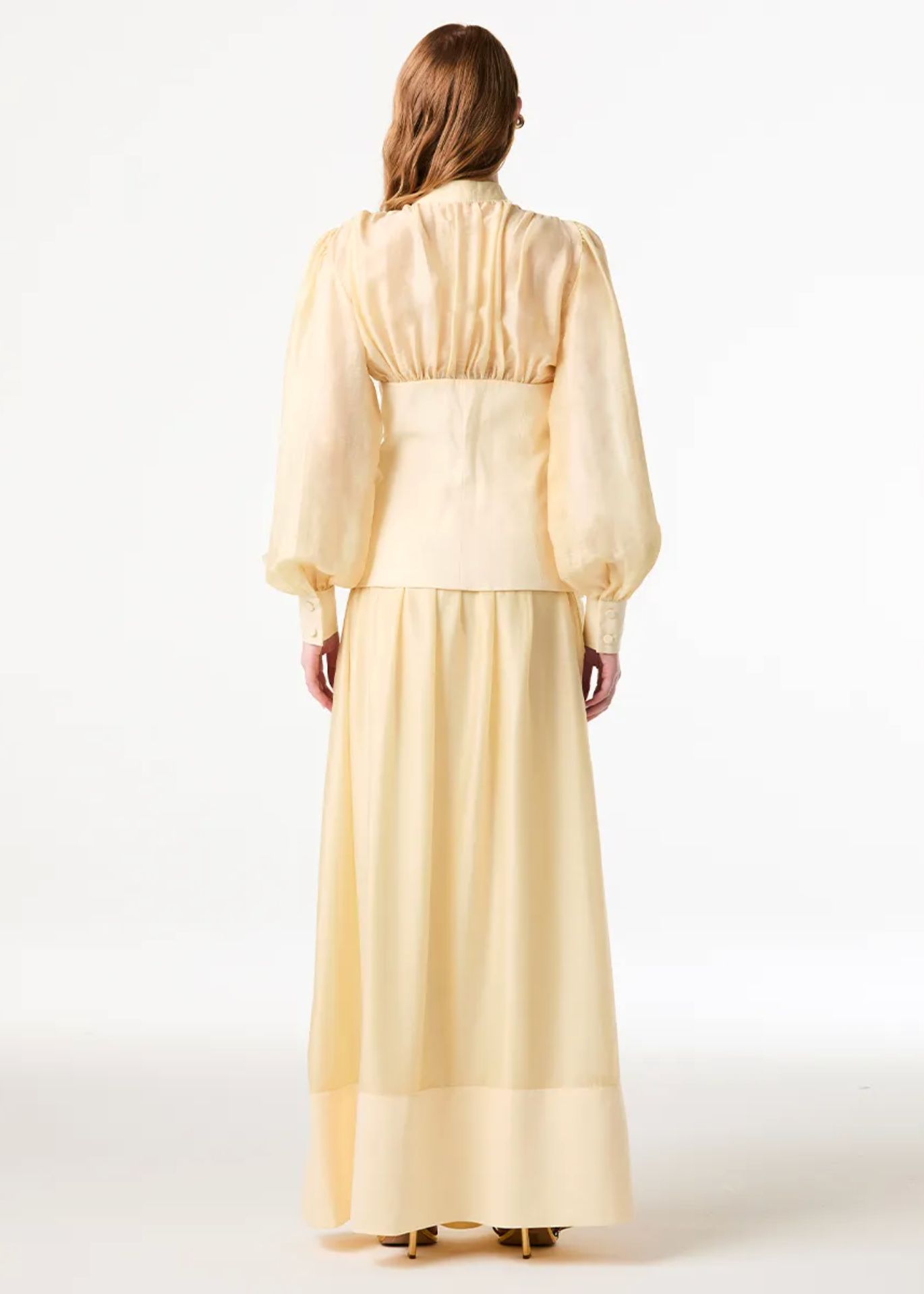 A woman viewed from the back wearing a pale yellow long-sleeve maxi dress with a gathered waist and sheer sleeves, photographed against a clean white studio background.