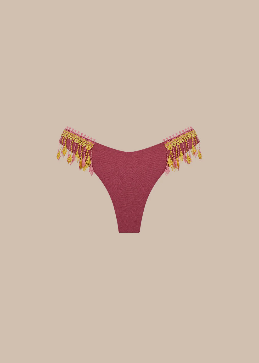 pinky bikini bottom with yellow fringes on the side