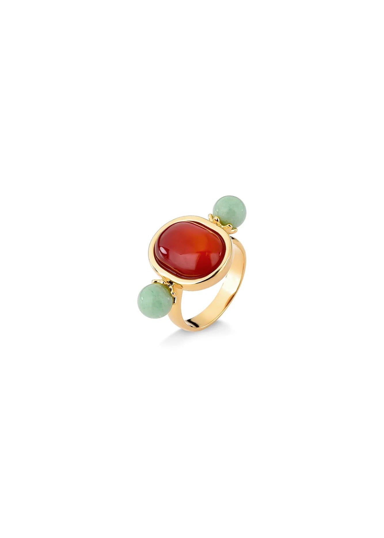 Gold ring with a red stone and green beads on a white background