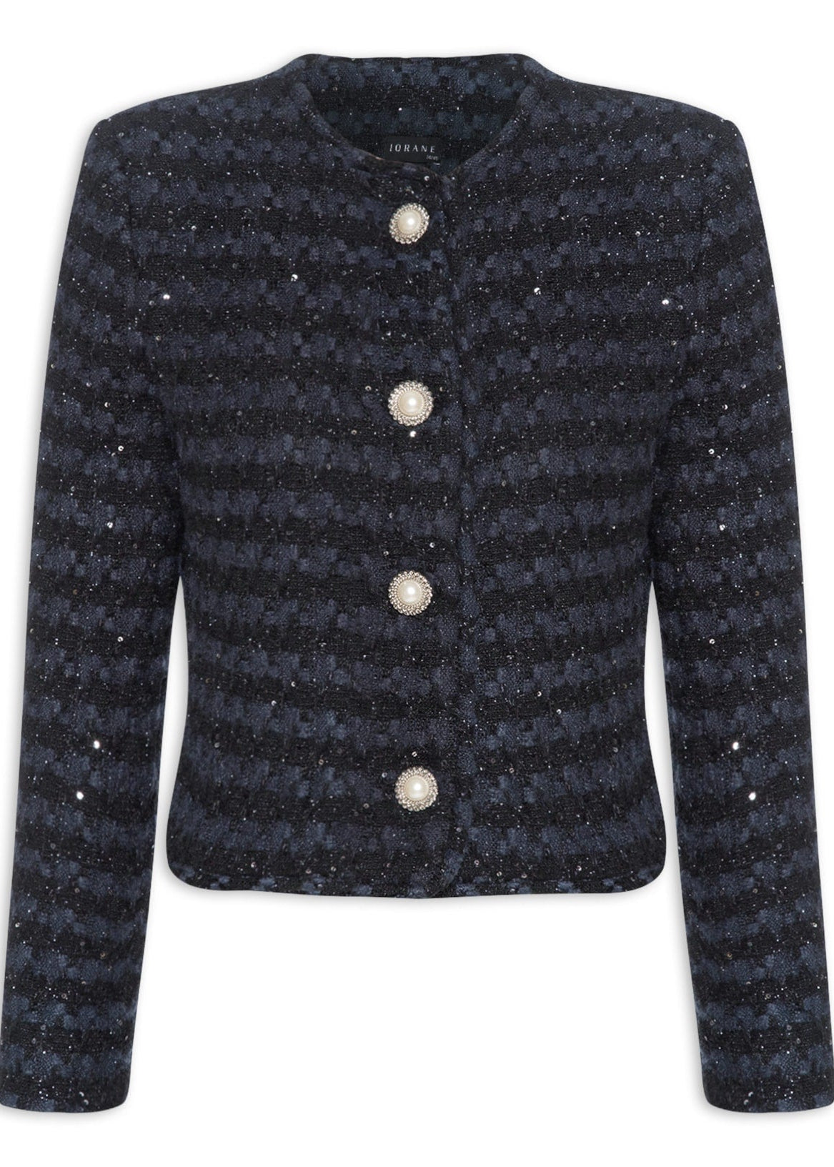 Navy blue textured jacket with silver buttons on a white background
