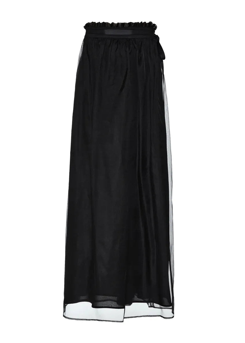 Black long skirt with sheer side panels on a white background