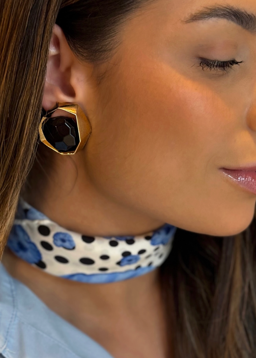black obsidian golden plated earring in a geometric shape