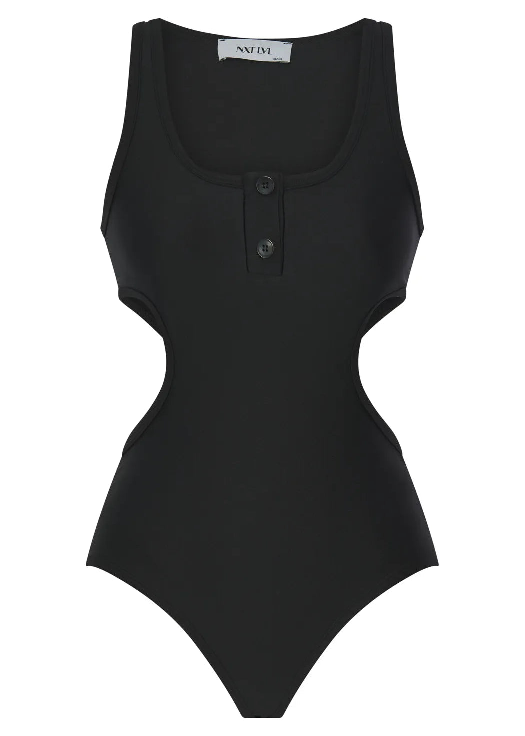 A black sleeveless bodysuit with side cutouts and a henley-style button placket, shown flat against a white background. The brand name 'ANATOLY' is visible on the inner neck label.