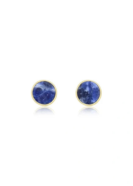 A pair of gold stud earrings with round blue and white marbled stone inlays, displayed on a clean white background with a soft reflection below.