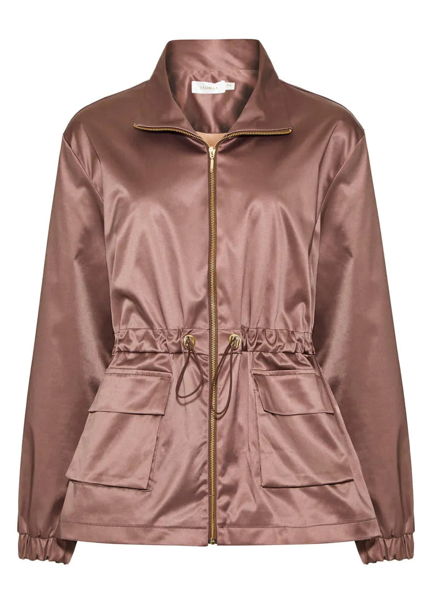 brown jacket with a gold zipper on a white background