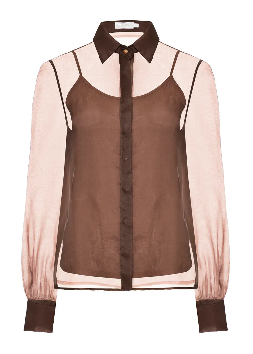 Sheer shirt with brown accents on a white background