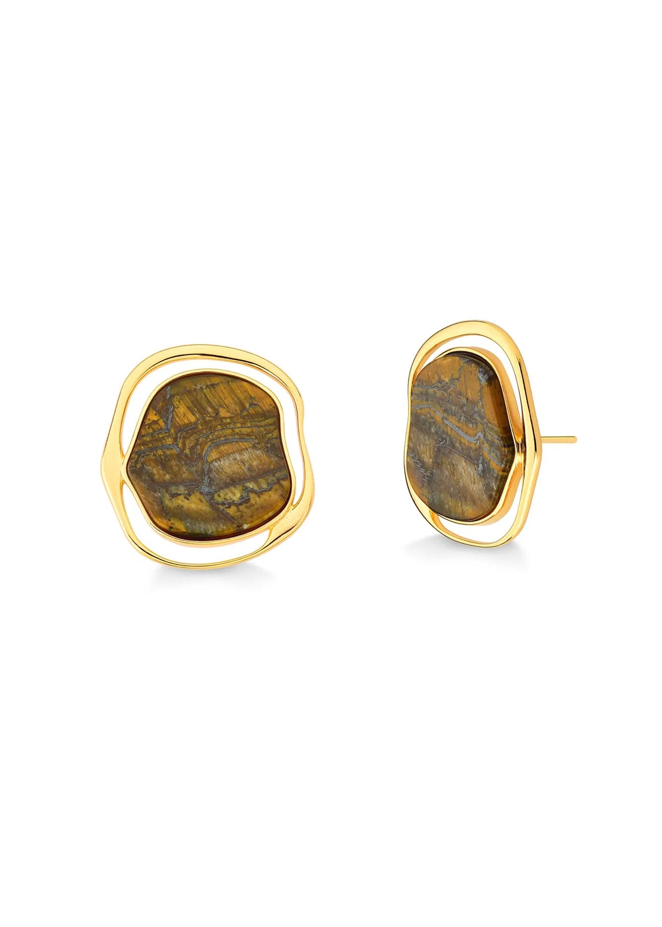 Gold earrings with brown stone centers on a white background