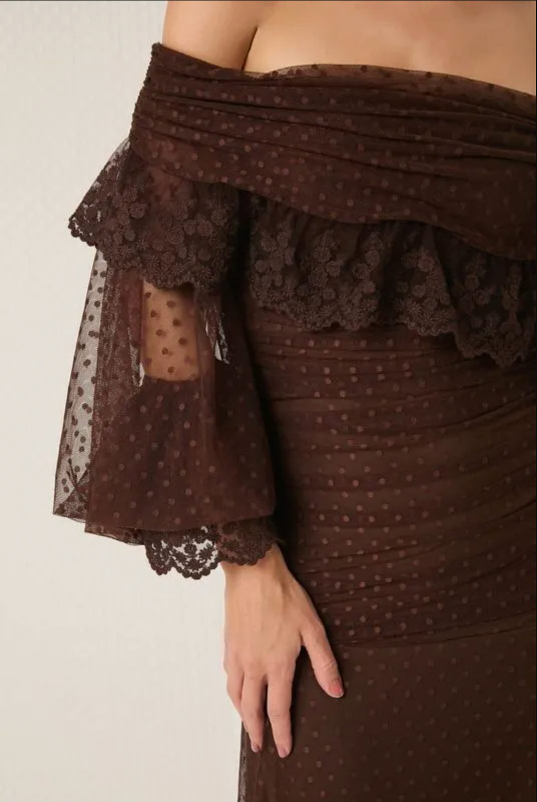 Brown tulle off-the-shoulder dress