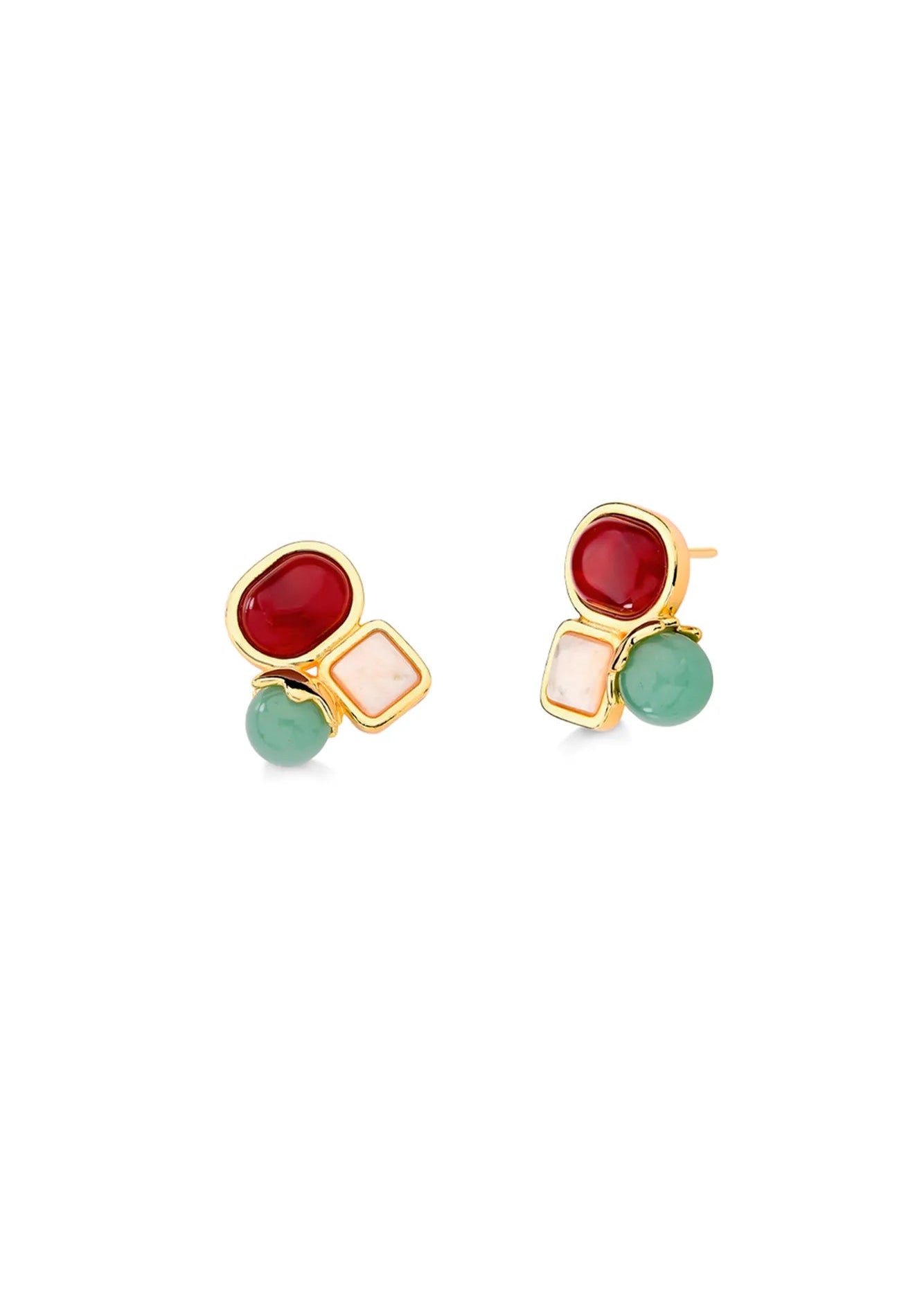 Pair of earrings with red, pink, and green stones on a white background