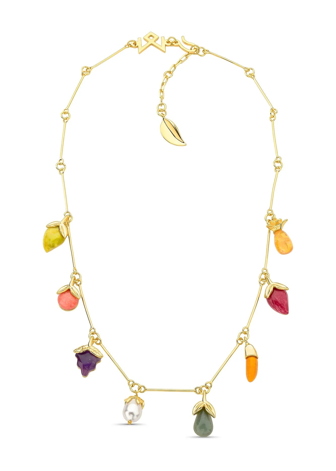 Gold necklace with colorful gemstone pendants on a white background